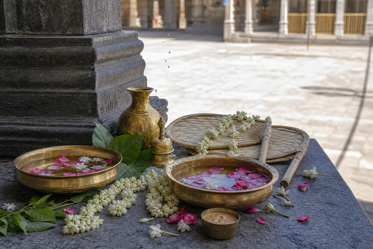 Brass bowls of water and rose petals sit with jasmine garlands, sandalwood paste, green leaves, hand fans, and ritual vessels in a shaded stone pavilion.