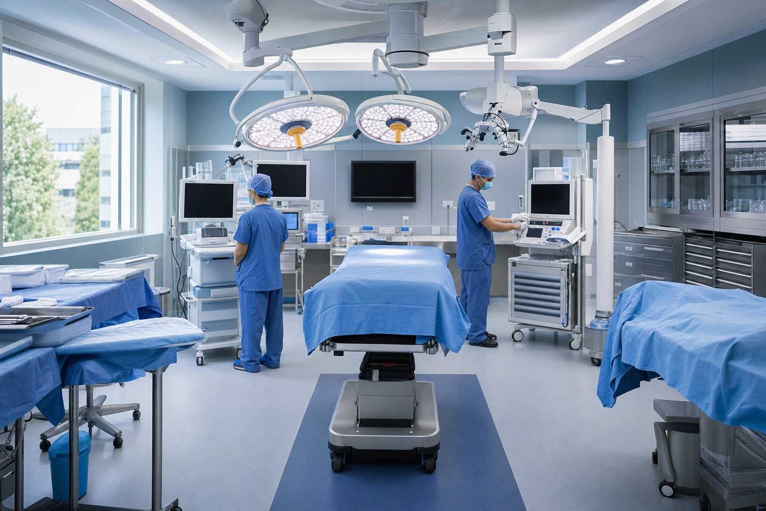 Two clinical staff members calmly prepare equipment in an empty neurosurgical operating room.