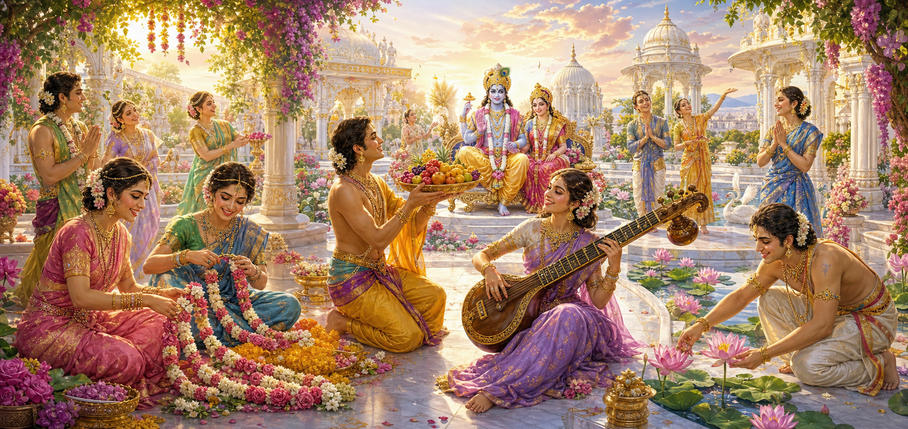 Liberated residents of a celestial courtyard weave garlands, offer fruit, play music, and tend lotuses in the presence of Vishnu and Lakshmi.