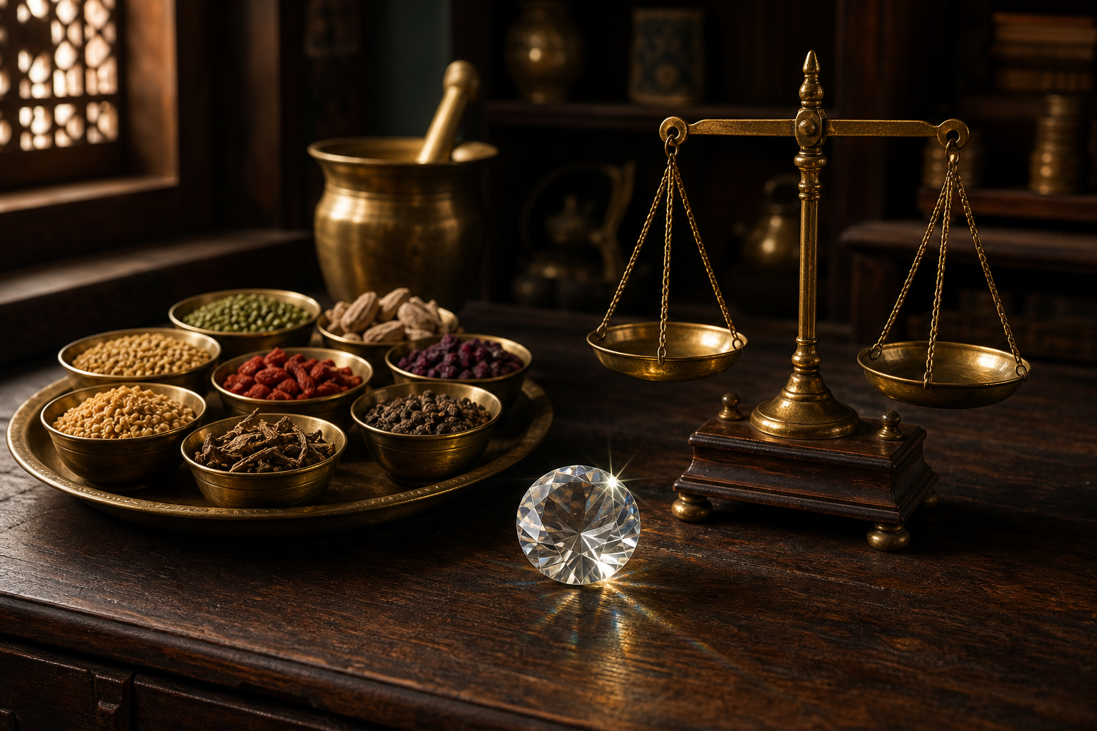 A faceted crystal, neatly sorted grains and herbs, and a balanced brass scale arranged on a wooden table.