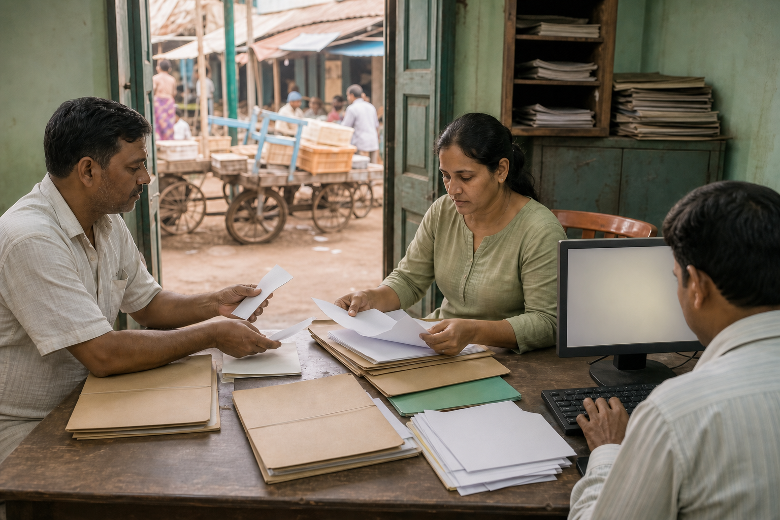 A business owner gives receipts and records to investigators in an office beside a local market.