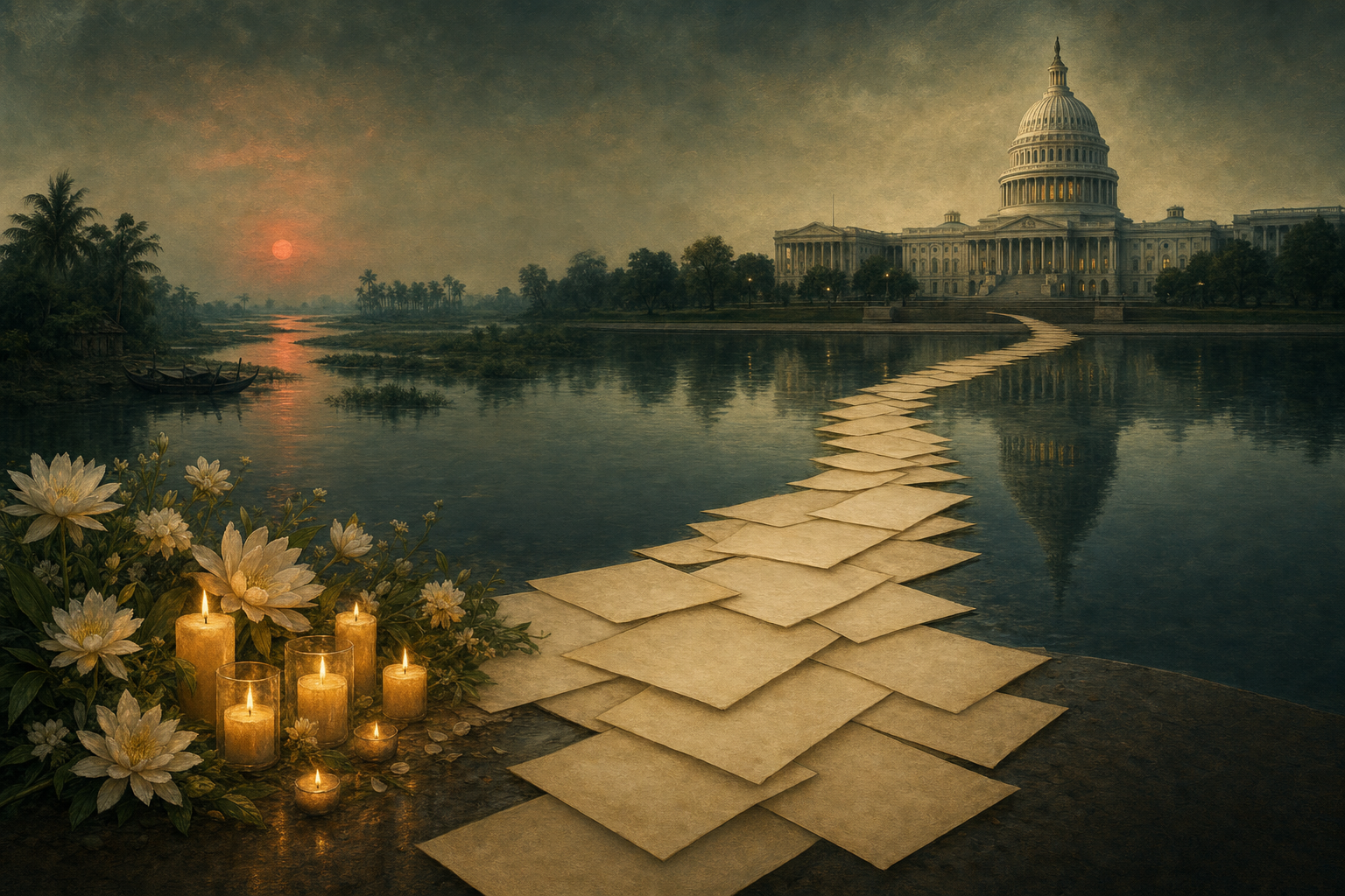 An editorial illustration of the US Capitol connected by blank archival papers to a candle memorial in a river-delta landscape.