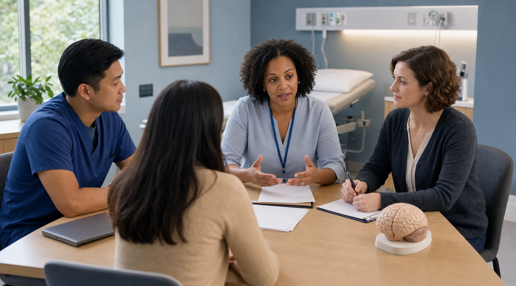 A patient viewed from behind listens as three clinicians discuss a care plan beside an anatomical brain model.
