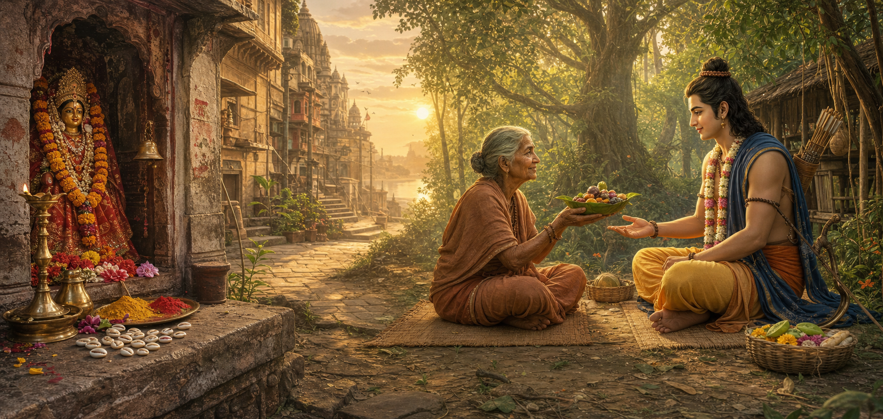 A modest Kaudi Mata shrine with cowrie offerings in a Kashi lane blends into a forest scene where Shabari offers fruits and roots to Sri Rama.