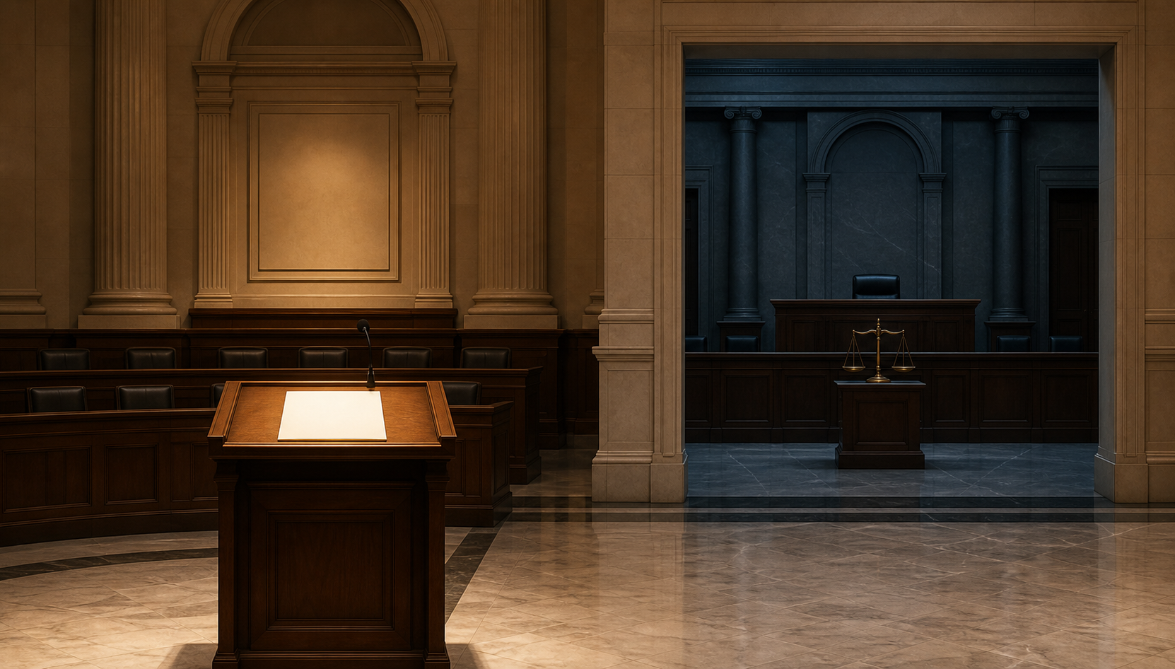 An empty congressional hearing room with a blank resolution is shown separately from a shadowed courtroom bench and scales.