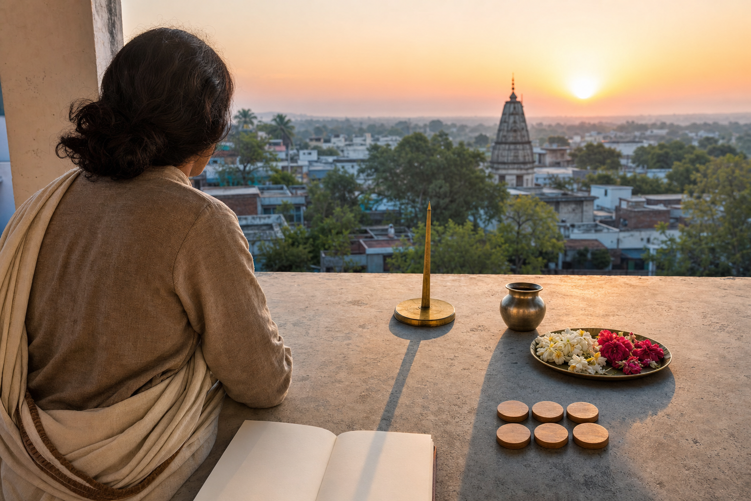 A person on an east-facing veranda arranges six wooden tokens beside a brass shadow marker as the sun rises over local rooftops and trees.