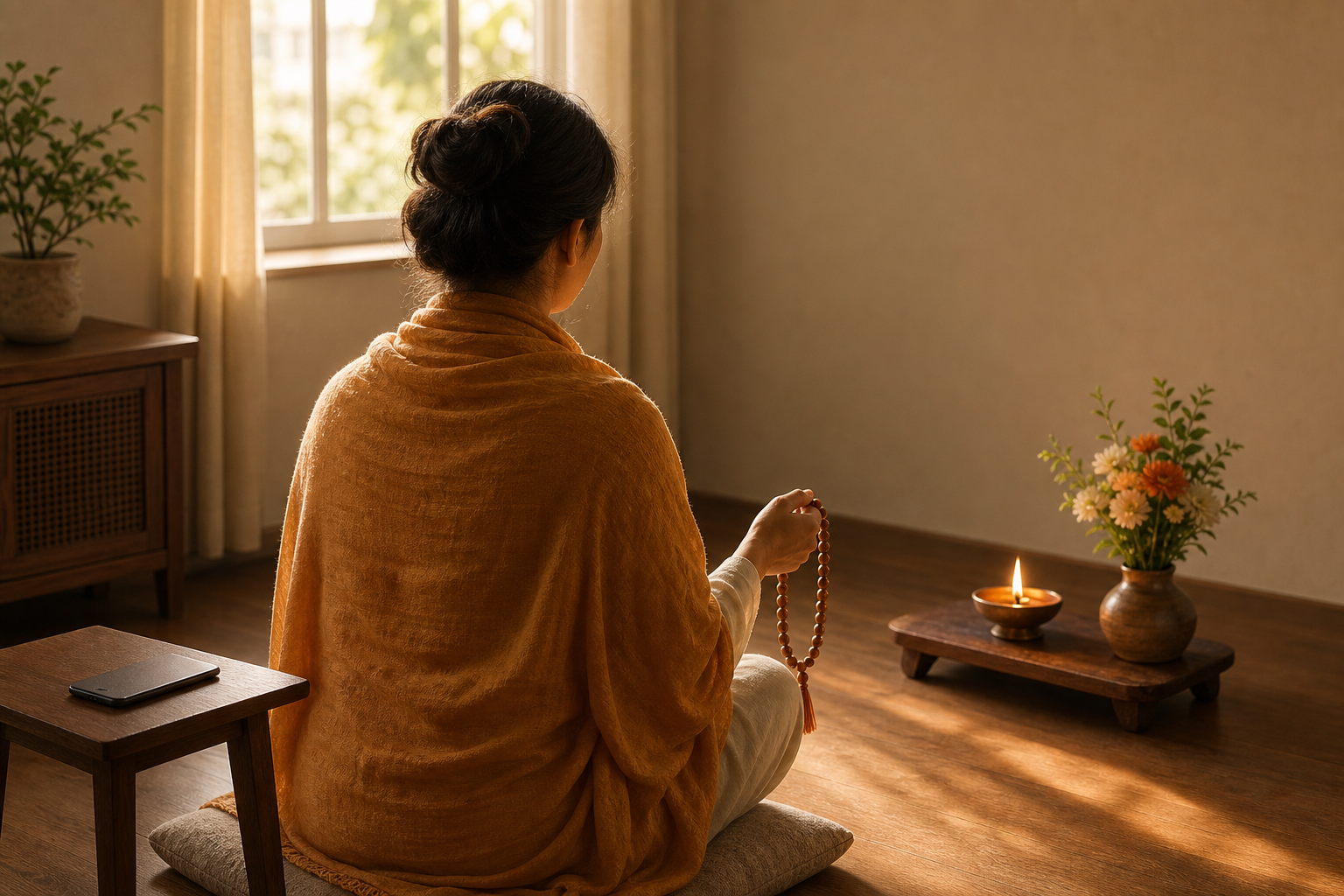 An anonymous devotee holds prayer beads near a small lamp while a smartphone rests face down on a table.