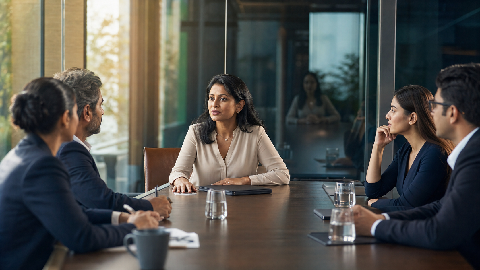 A leader speaks calmly to colleagues around a boardroom table while warm sunlight and her reflection create a sense of alignment.