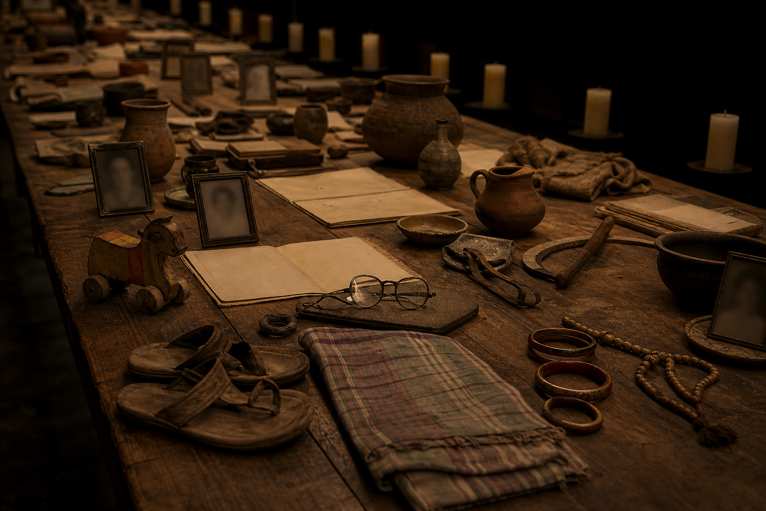 Personal belongings, blank archive folders, and rows of candles form a non-graphic memorial on a long wooden table.