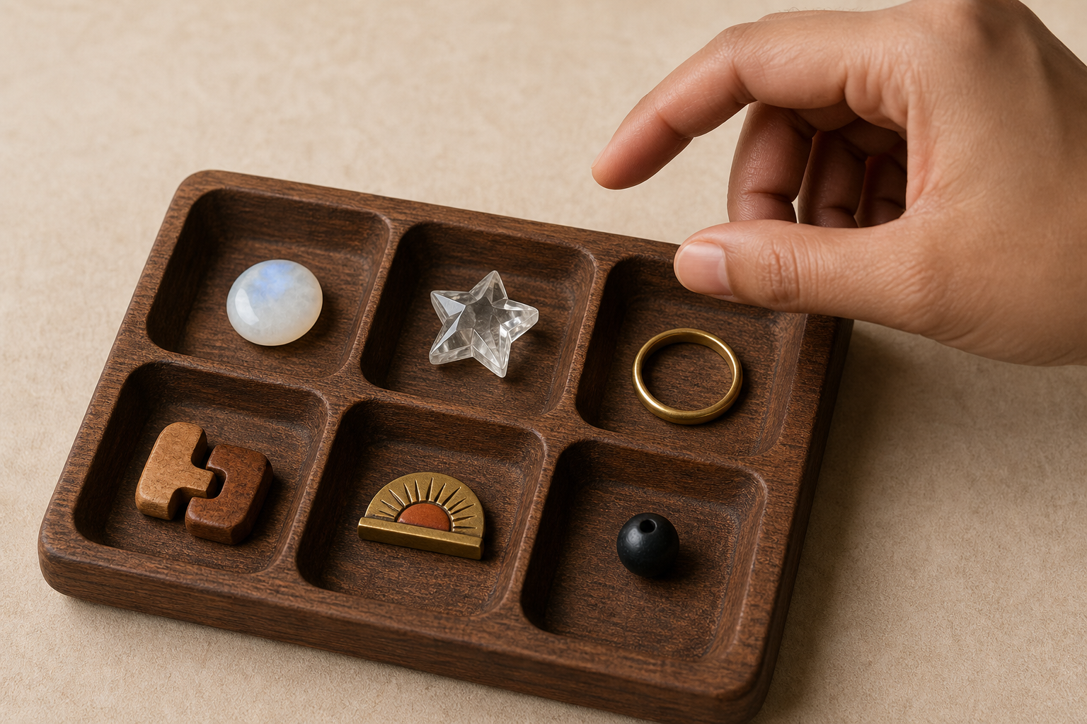Six distinct symbolic objects sit in separate sections of a wooden tray while a hand pauses above them.