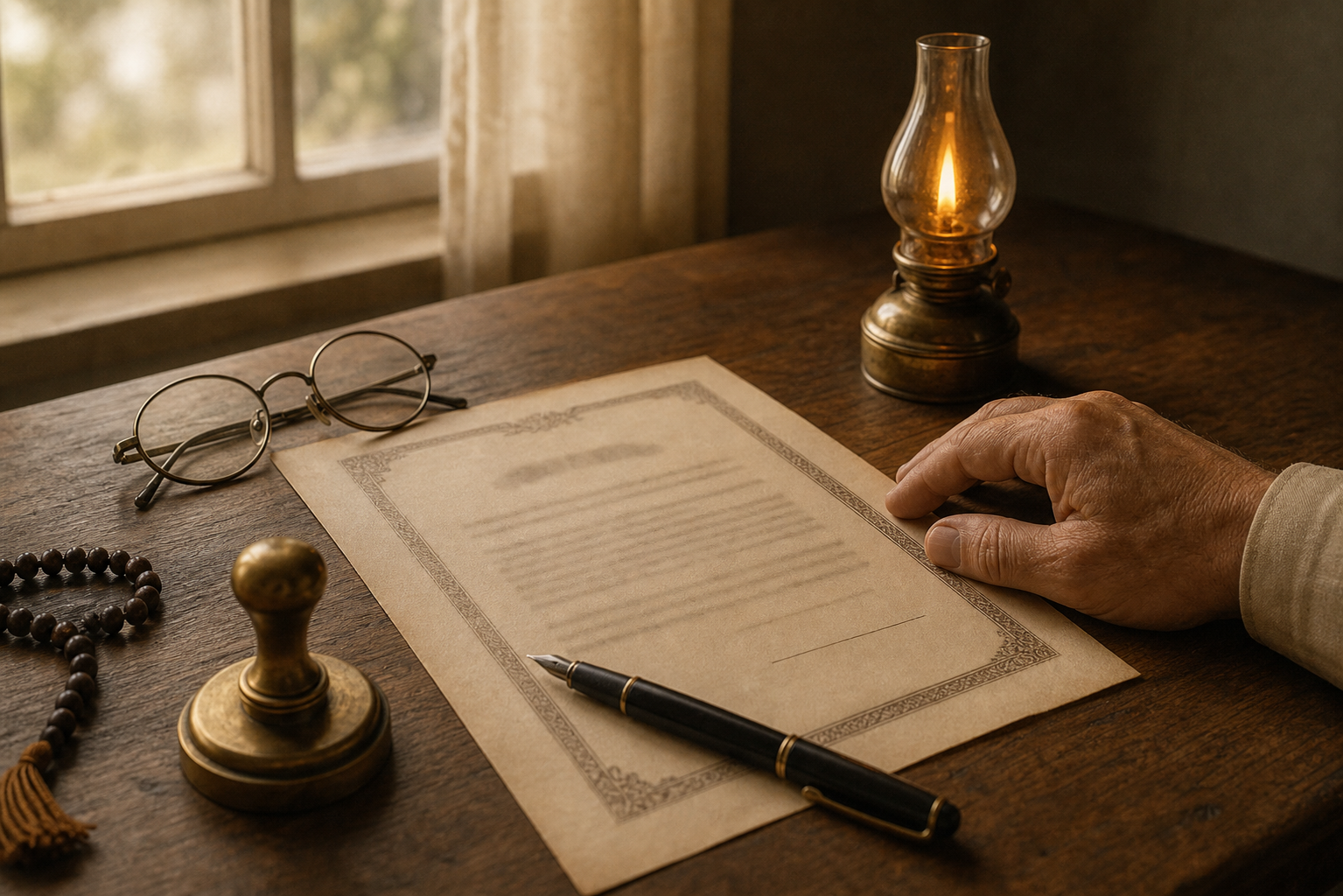An incorporation document, fountain pen, seal embosser, reading glasses, prayer beads, and oil lamp rest on a wooden desk.