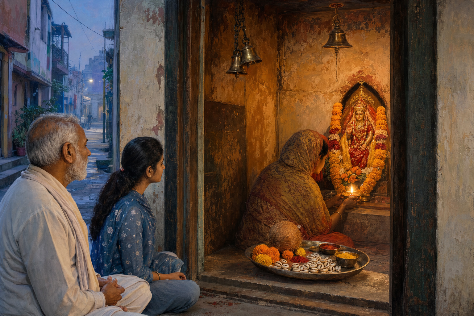 Pilgrims stand beside a small Kaudi Mata sanctum in a Kashi lane, where cowrie shells, flowers, a coconut, and a lit oil lamp have been offered.
