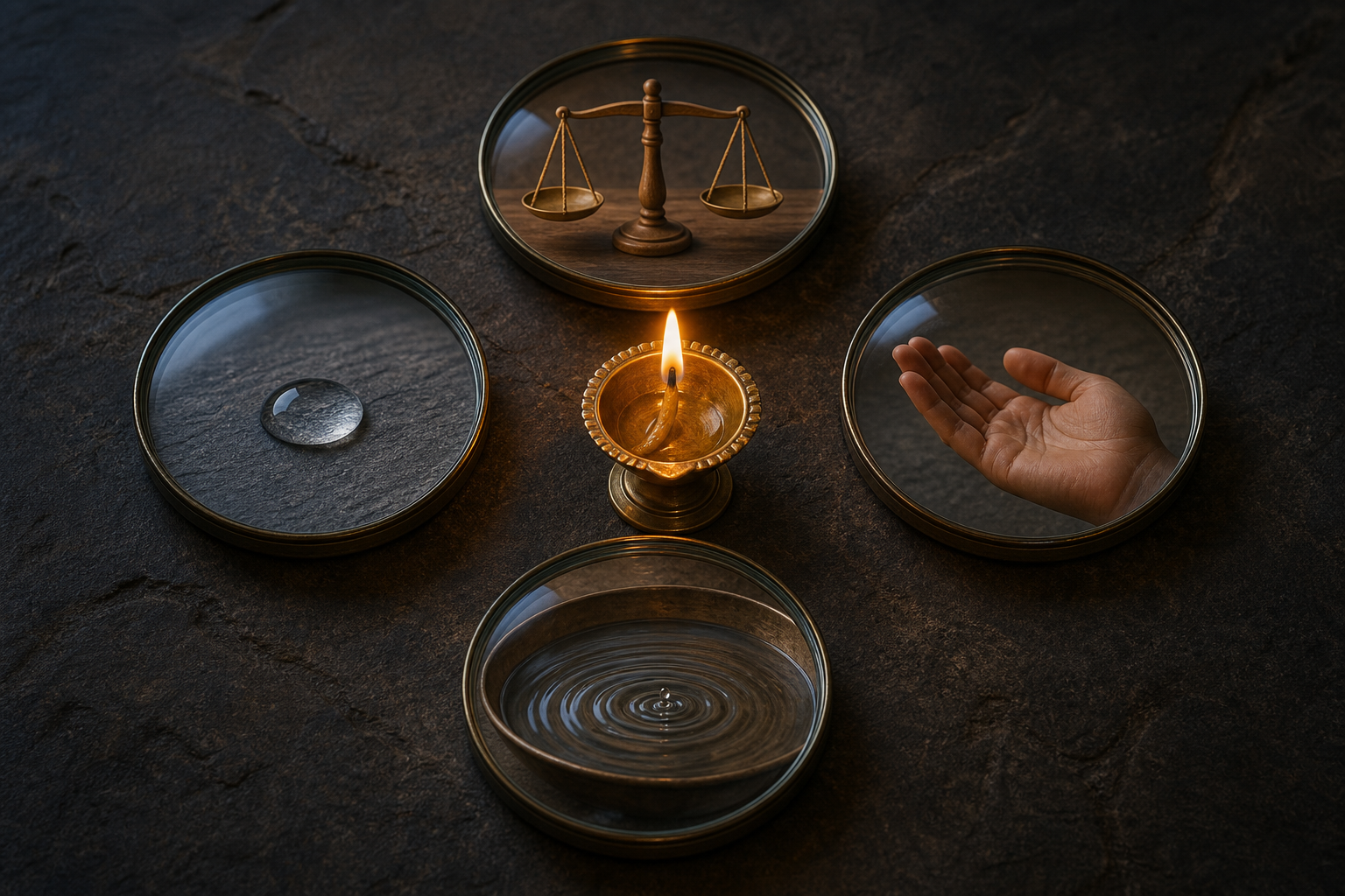 Four glass lenses surround a small brass lamp, each revealing a scale, a water droplet, an open hand, or ripples in a bowl.
