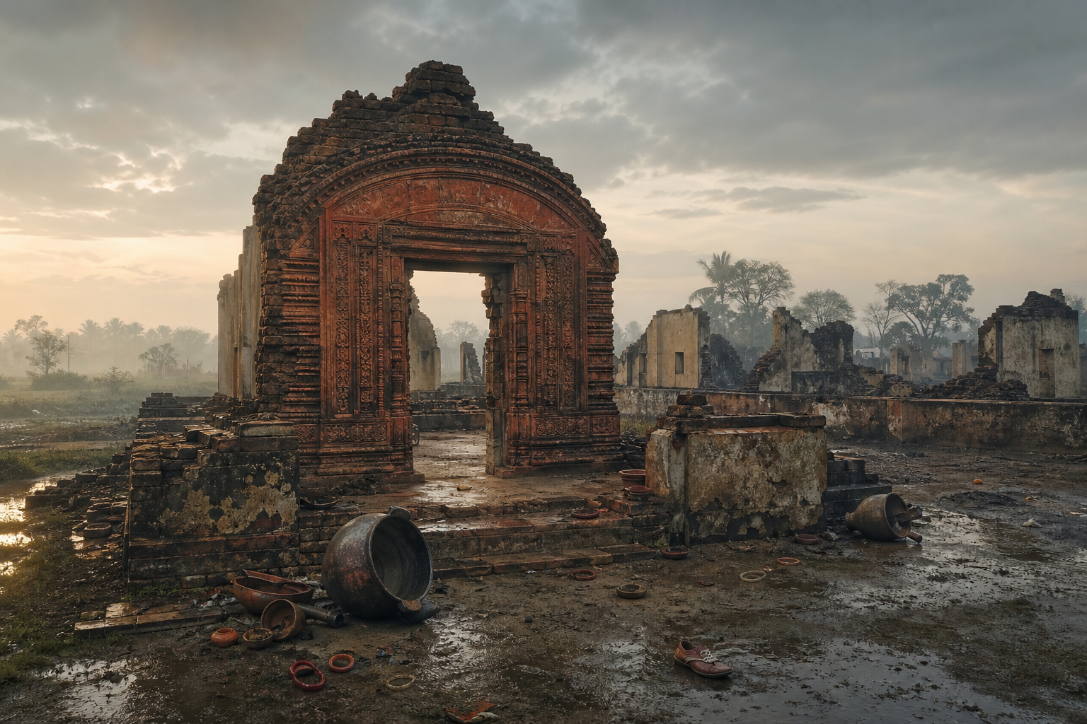 A damaged Bengal Hindu temple entrance and abandoned personal belongings stand among burned village homes at dawn.