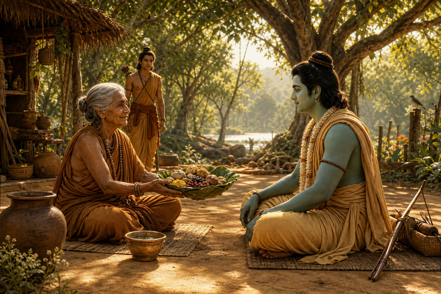 The elderly ascetic Shabari offers a leaf bowl of forest fruits and roots to Sri Rama as they sit facing each other outside her hermitage.