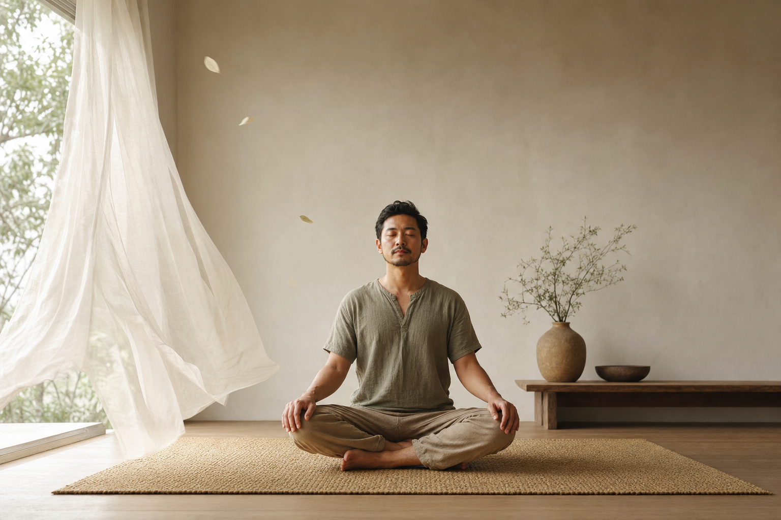 A yoga practitioner sits calmly on a woven mat as dawn light and gently lifted curtains create a sense of grounded lightness.