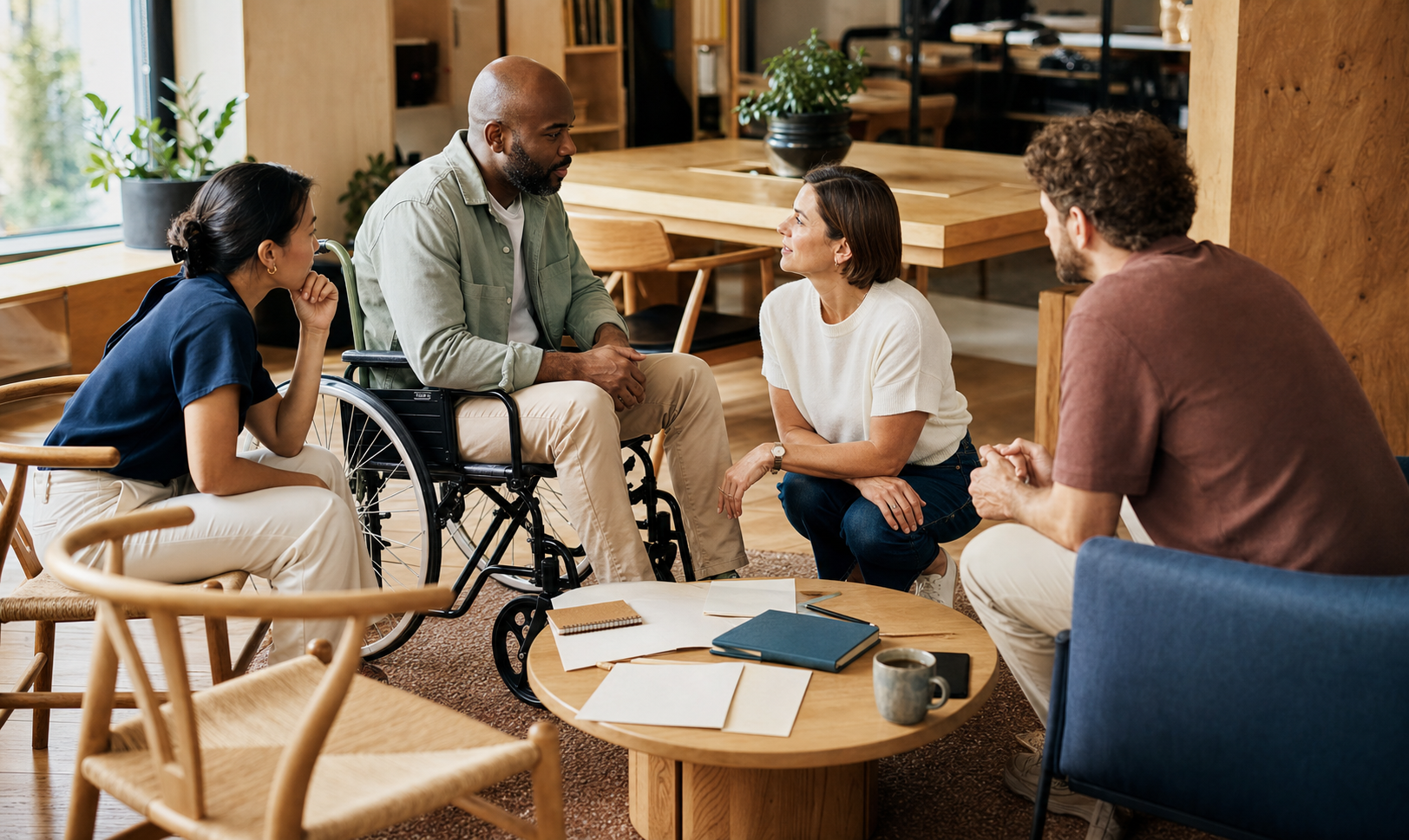 A leader listens to a seated colleague at eye level while an inclusive team works together in a circle.