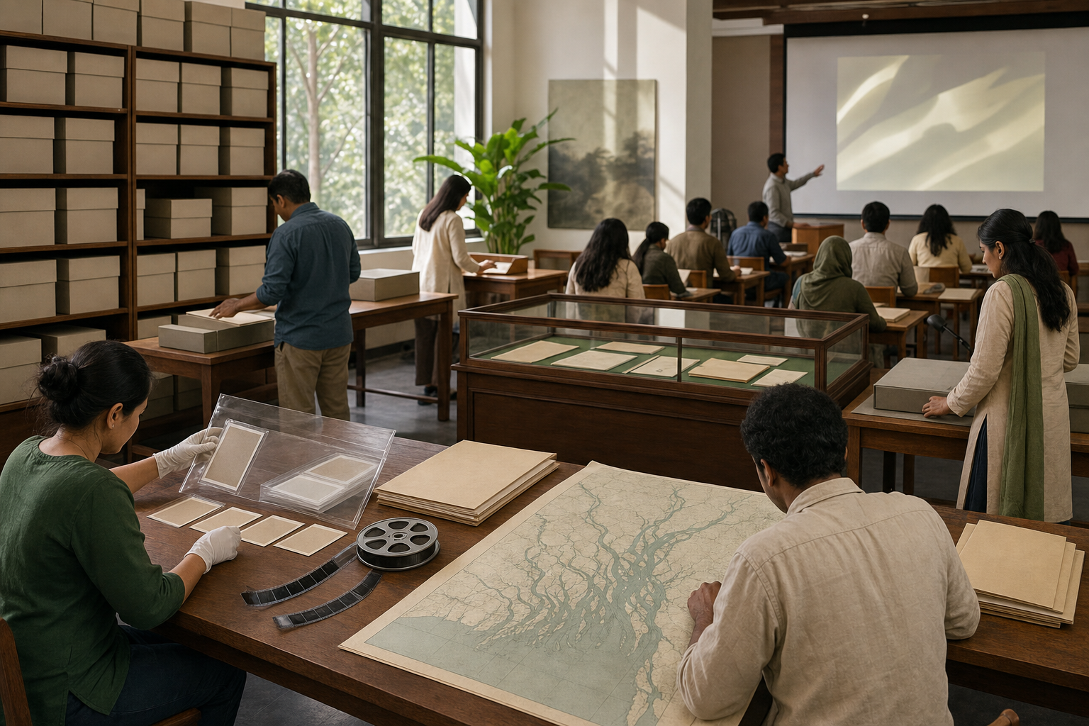 Researchers, educators, and students work with blank archival materials and an unlabeled Bengal delta map in a combined archive and teaching room.