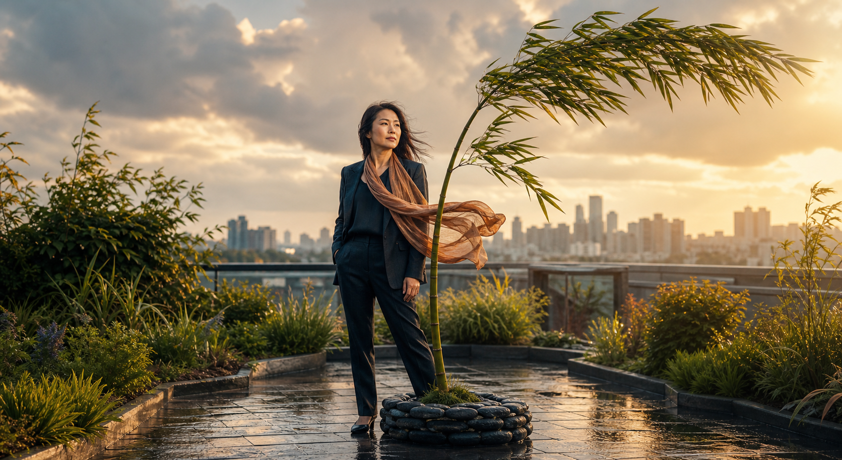 A professional stands beside bamboo bending in strong wind while its base remains anchored within a ring of stone.