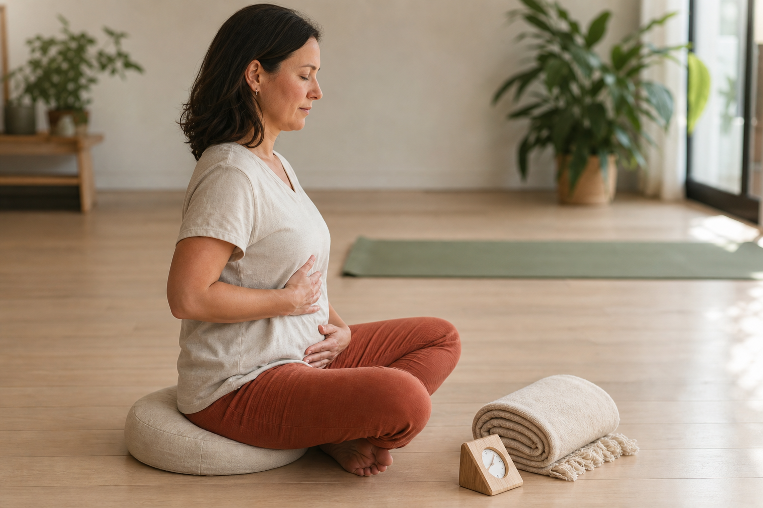 A practitioner sits on a cushion with relaxed shoulders and hands on the ribs and abdomen during a gentle breathing practice.