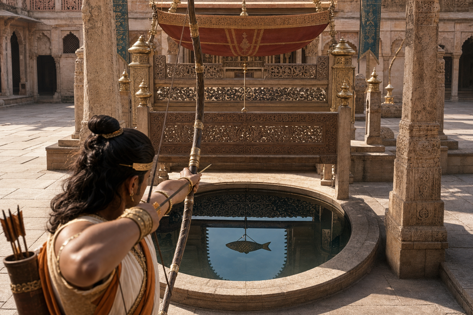 An archer aims upward using the image of a fish reflected in a pool while the actual target is hidden behind an opaque canopy.