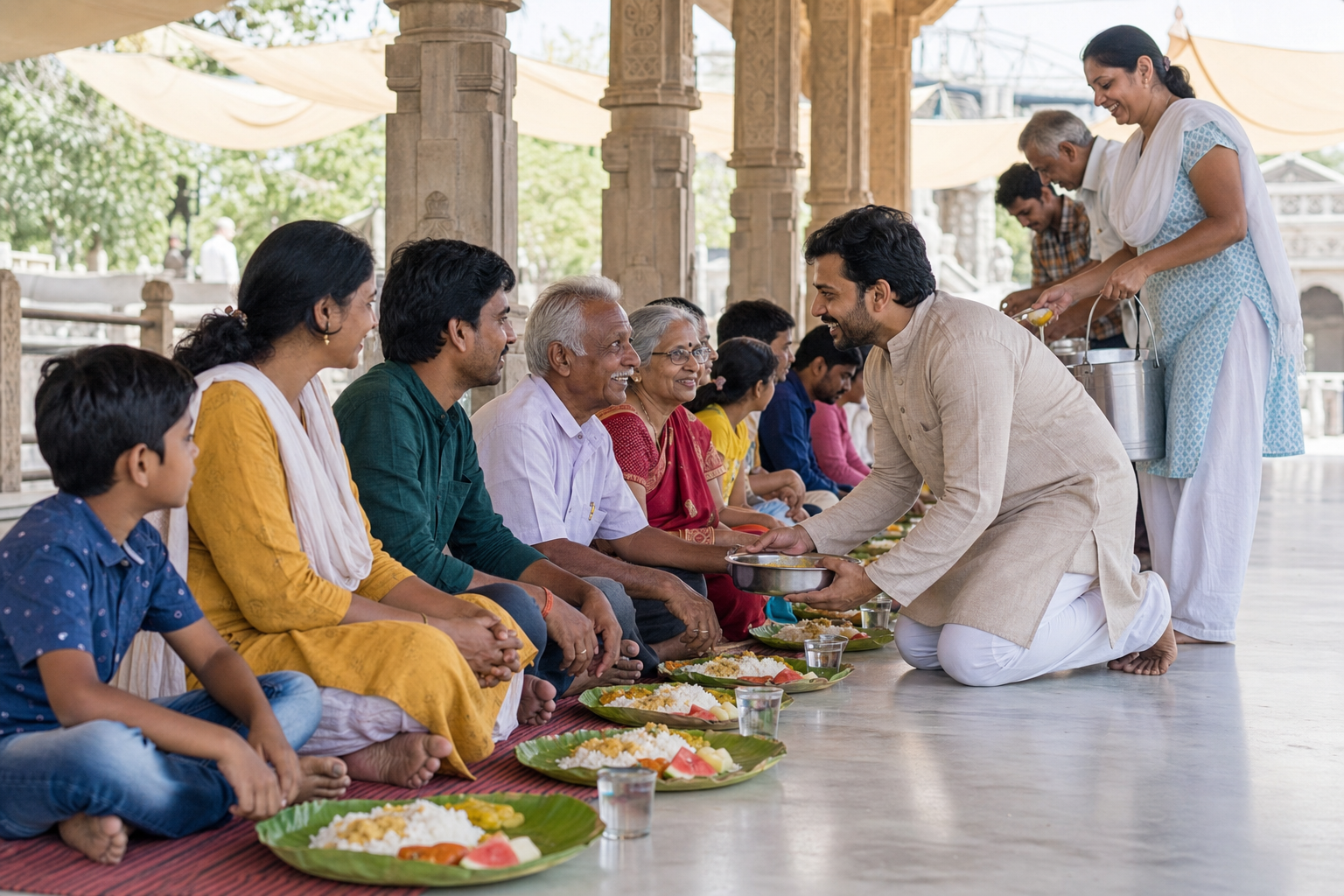 Adults, elders, and children sit together in a temple courtyard while volunteers serve equal portions of a shared meal on leaf plates.