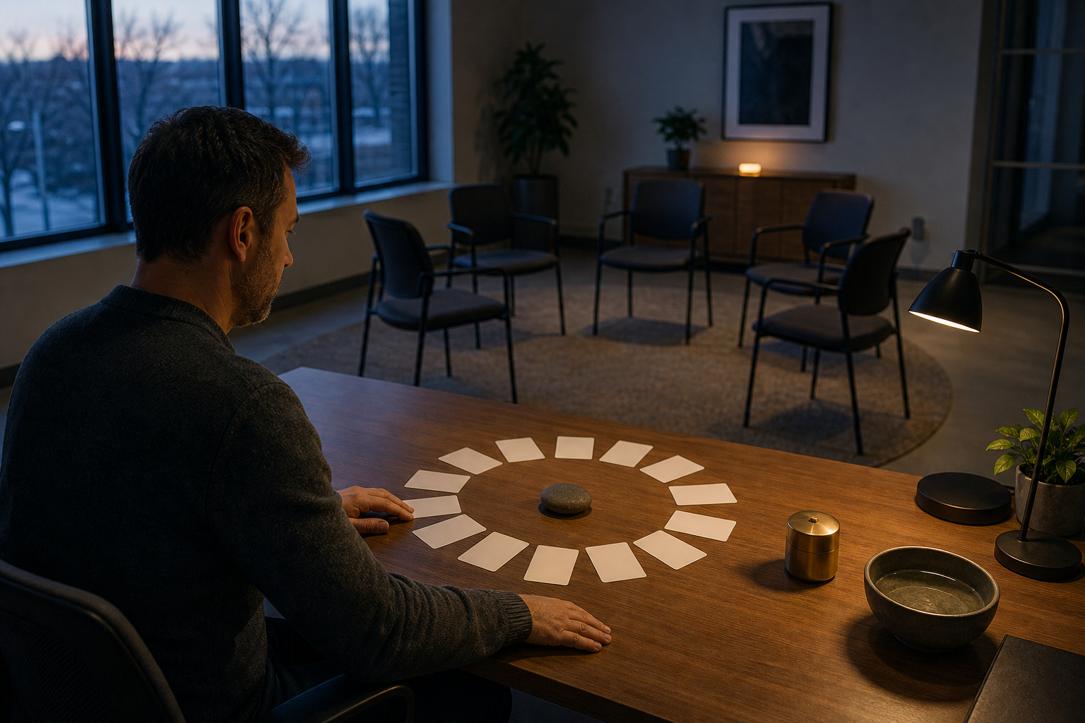 A manager reflects at a cleared desk with unmarked cards arranged in a circle and chairs prepared for a team discussion behind them.