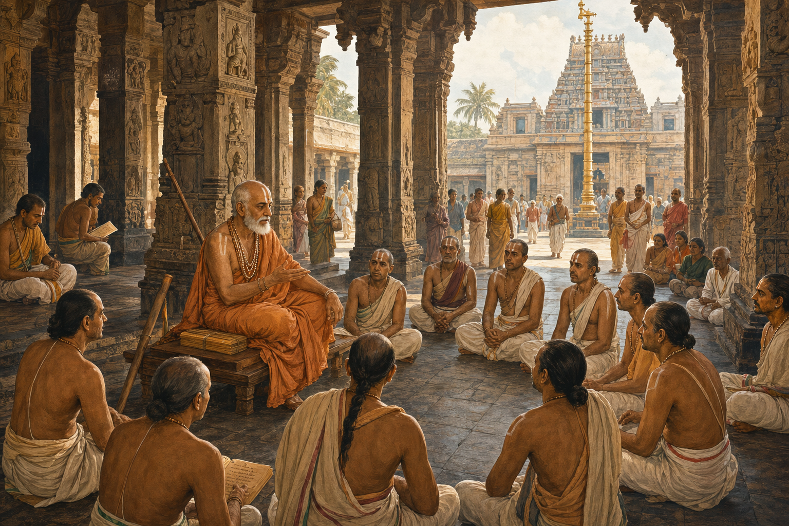Historical illustration of Manavala Mamuni teaching seated disciples in a pillared mandapa at Srirangam while temple community life continues in the courtyard behind them.