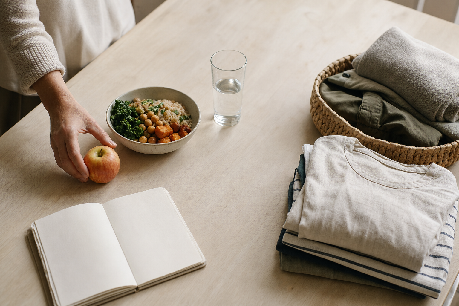 A simple meal, folded clothing, a blank notebook, and a donation basket are arranged neatly on a sunlit wooden table.