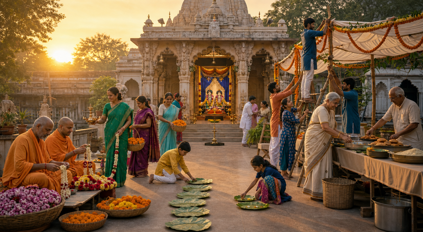 Monks, families, young adults, and older volunteers prepare flowers, food service, and decorations together in a sunlit Hindu temple courtyard.