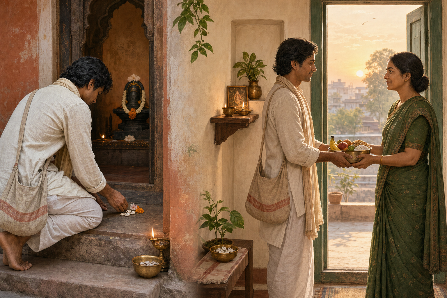 A pilgrim offers cowrie shells at a small Kashi shrine and later shares food with a neighbor beside a household altar.