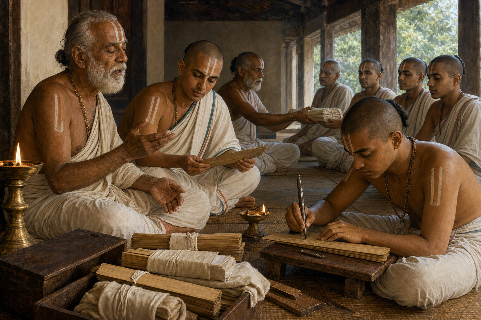 An elderly teacher recites while Sri Vaishnava scholars preserve, copy, and pass palm-leaf manuscript bundles to younger students in a South Indian teaching hall.