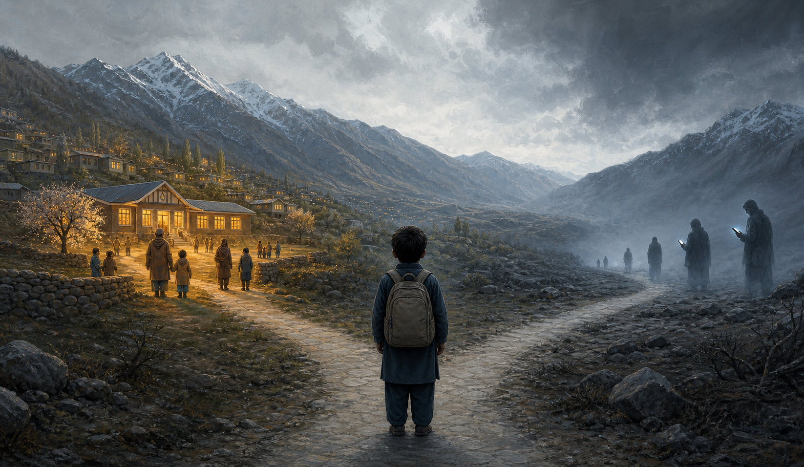 A child with a backpack stands at a forked path in a mountain valley, between a warmly lit community and shadowy figures associated with a smartphone.