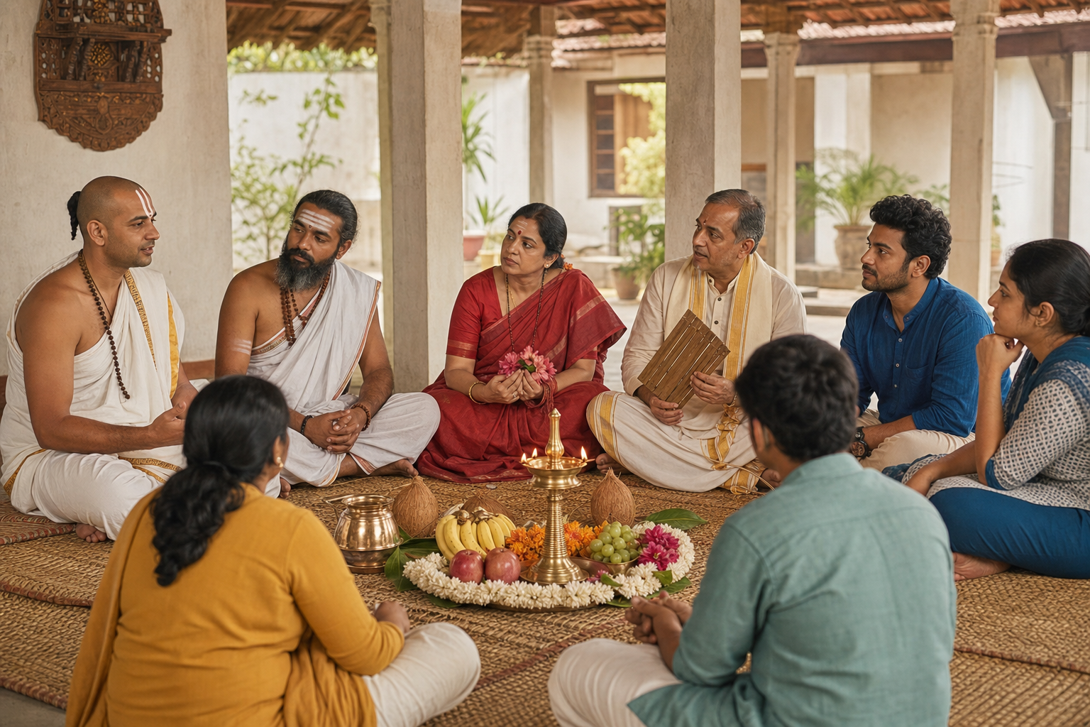 Practitioners from several Hindu traditions sit in a circle around a brass lamp and shared offerings while retaining distinct clothing and sacred markings.