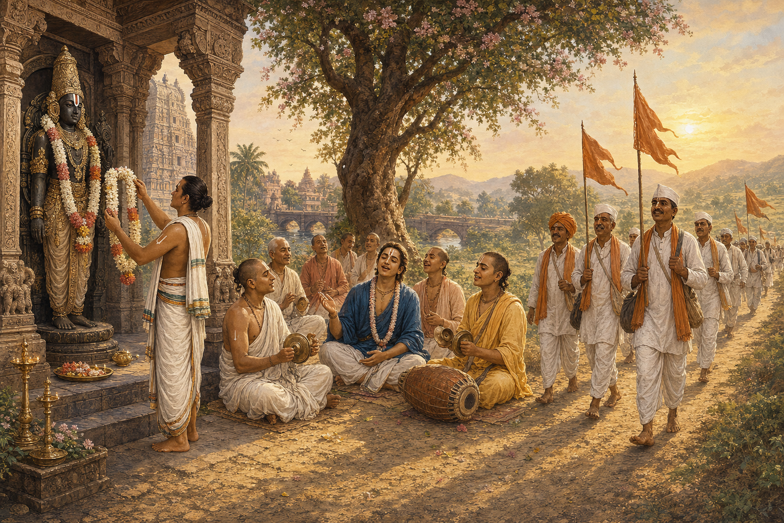 An editorial illustration shows a flower offering in a South Indian temple courtyard, a devotional singing group beneath a tree, and Warkari pilgrims walking along a rural road.