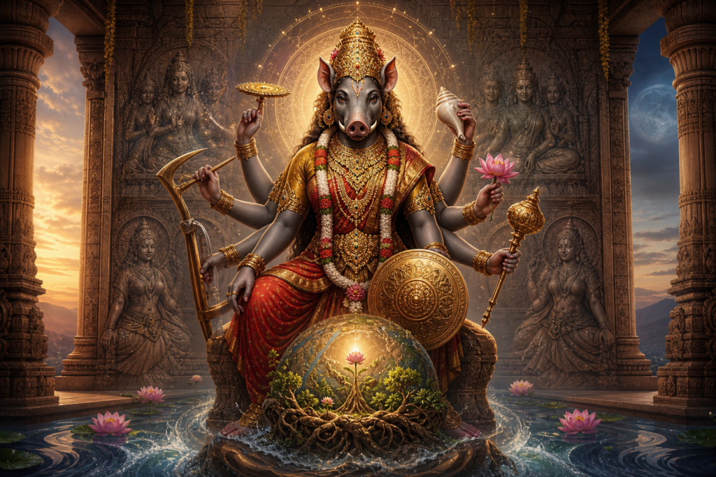 Varahi goddess in a temple holding sacred symbols above a glowing earth sphere