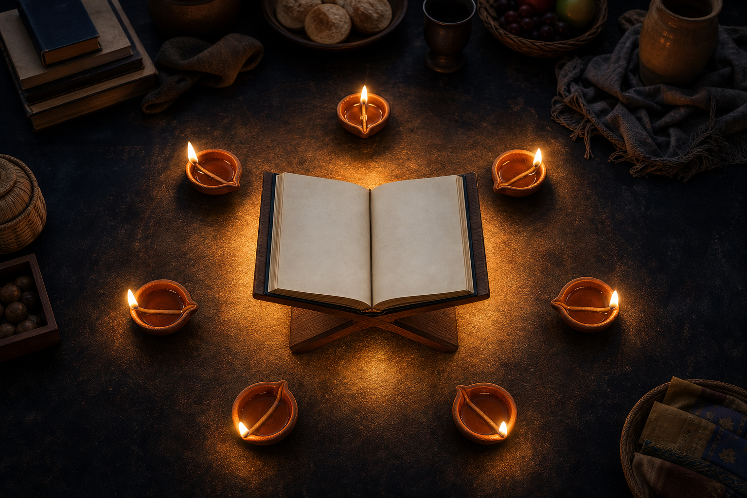 Seven lit clay lamps form a circle around an open book on a wooden stand.