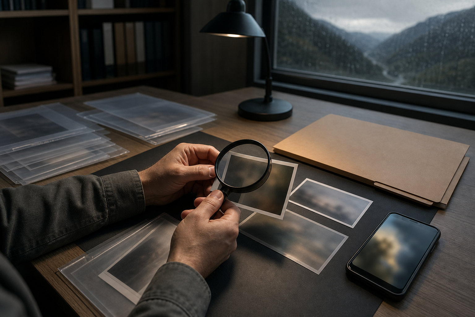 An investigator's hands examine unmarked photographs, a blank case folder, and a smartphone on a desk under focused light.