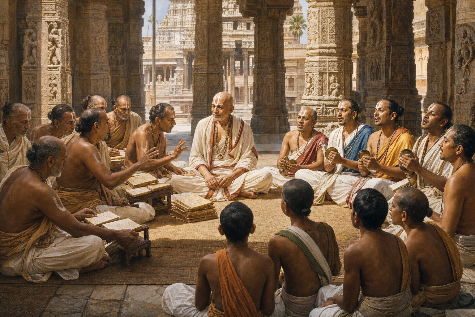 Manavala Mamuni teaches between a group of manuscript scholars and a group of devotional hymn reciters as students listen to both in the same temple hall.
