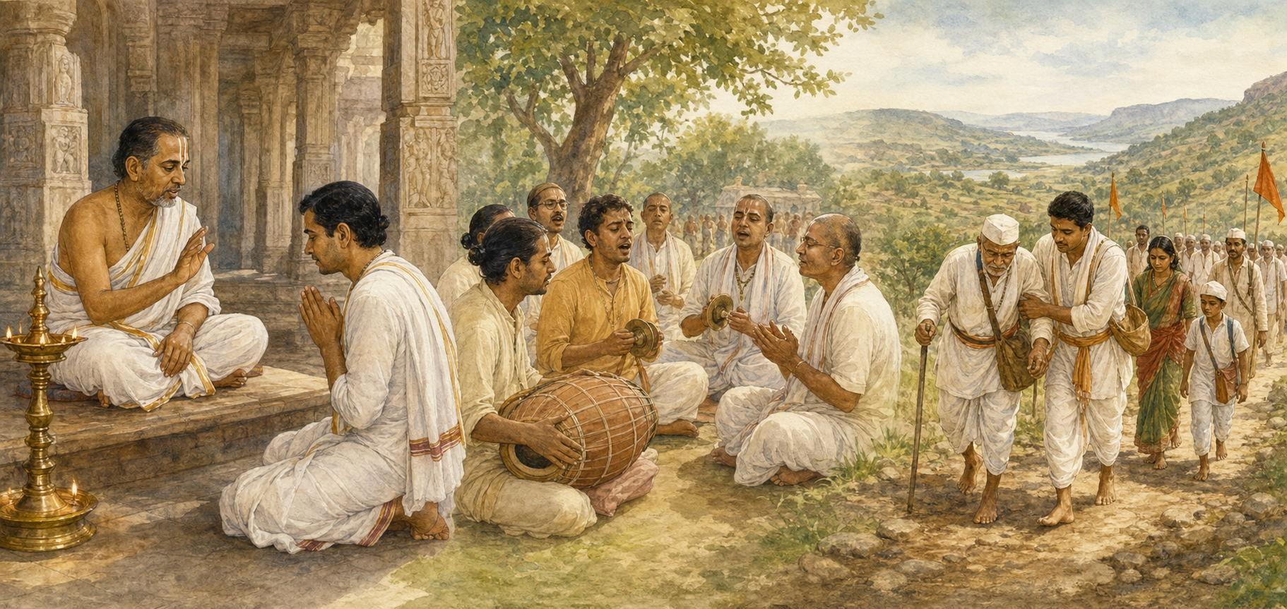Three connected scenes show temple guidance, a circle of congregational singing with drum and cymbals, and Warkari pilgrims helping one another on a country road.