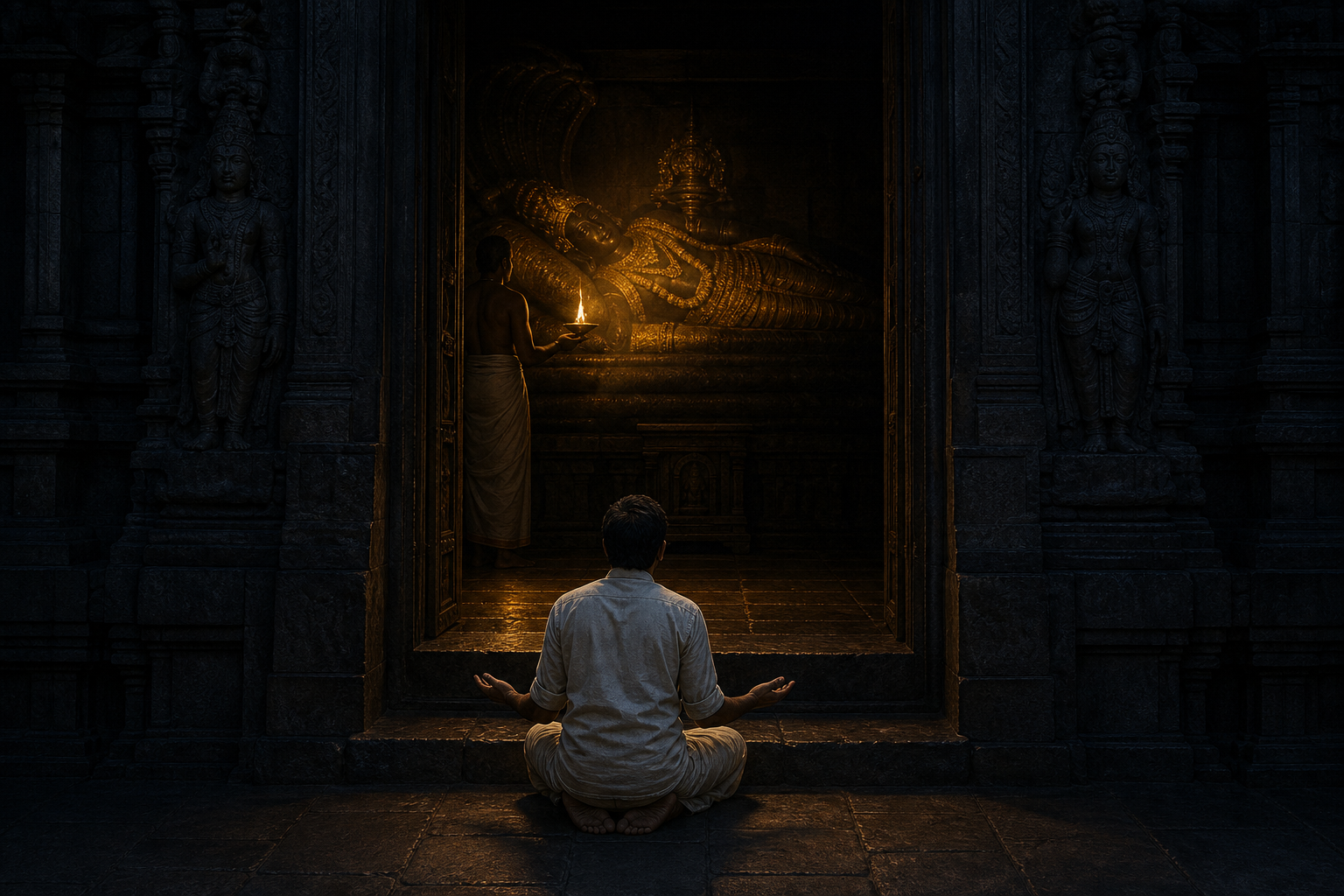 A devotee kneels with empty open hands at a temple sanctum threshold while a priest's oil lamp softly illuminates the reclining form of Ranganatha within.