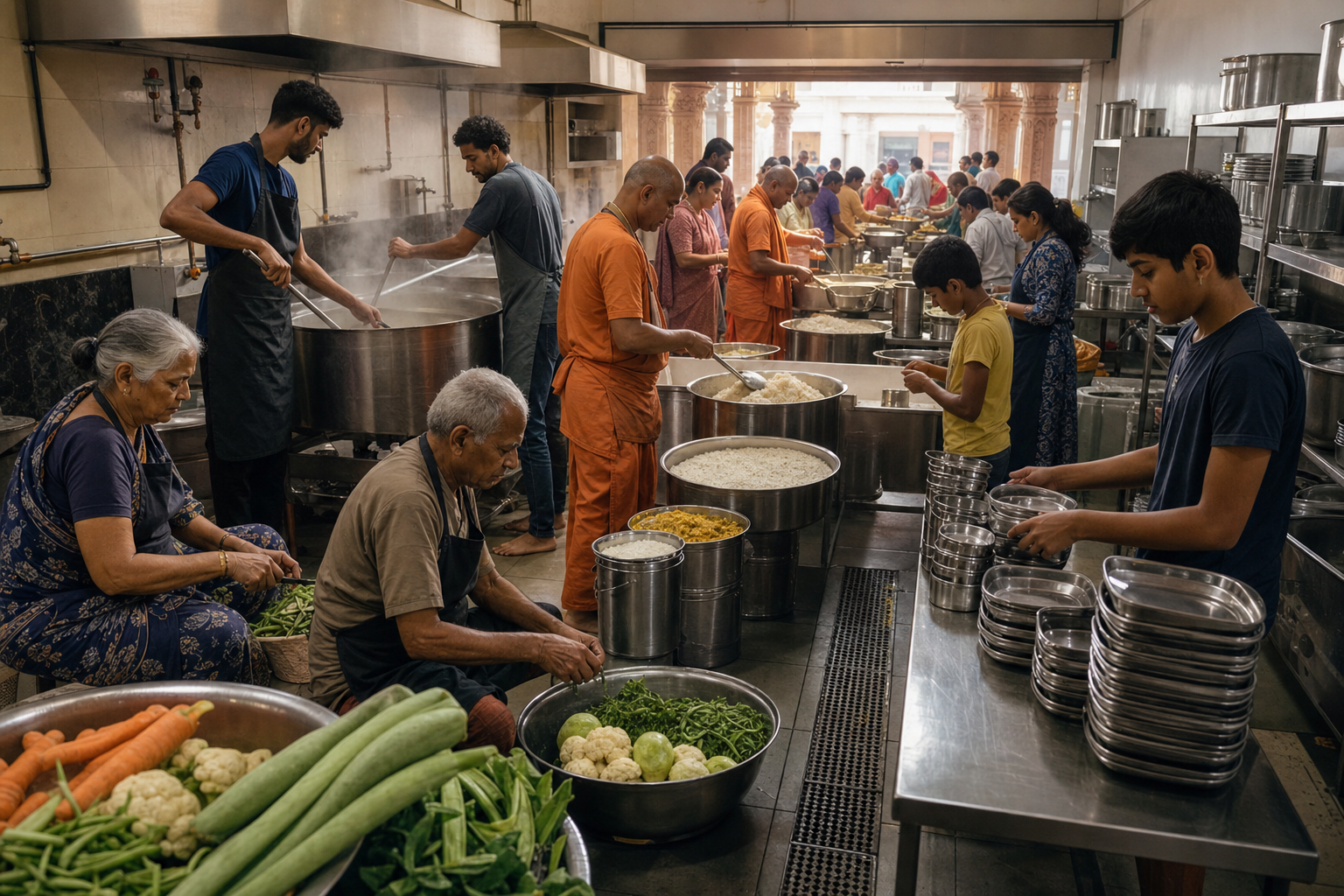 Volunteers of different ages prepare and pack meals together in a large temple community kitchen.