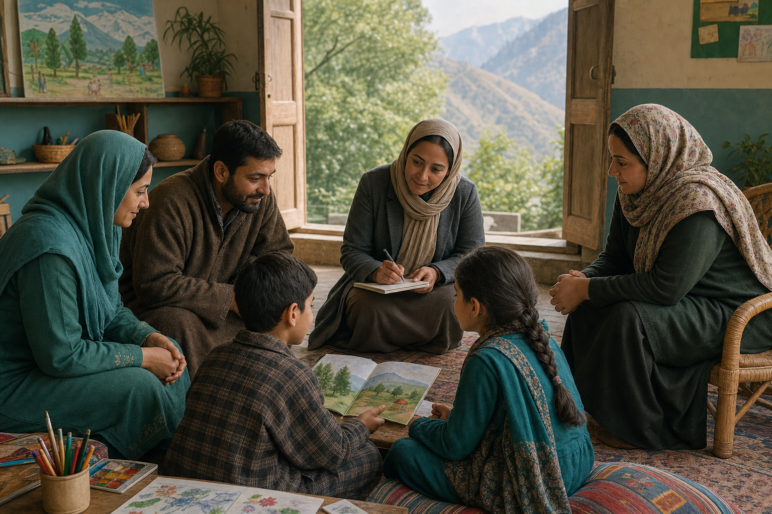 Parents and child-protection professionals form a supportive circle around two children in a bright community room near the mountains.