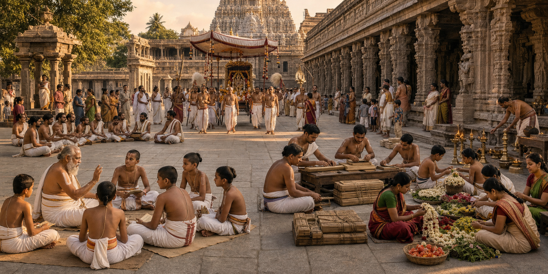 Sri Vaishnava teachers, hymn reciters, temple attendants, scribes, families, and pilgrims take part in coordinated activities across a wide Srirangam temple courtyard.