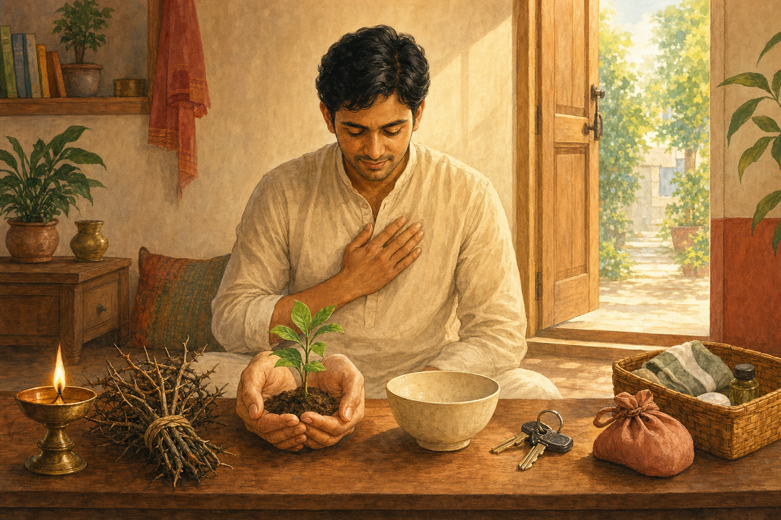 A seated devotee considers everyday objects beside a lamp, an open doorway, discarded thorns, a sheltered plant, and a simple offering bowl.
