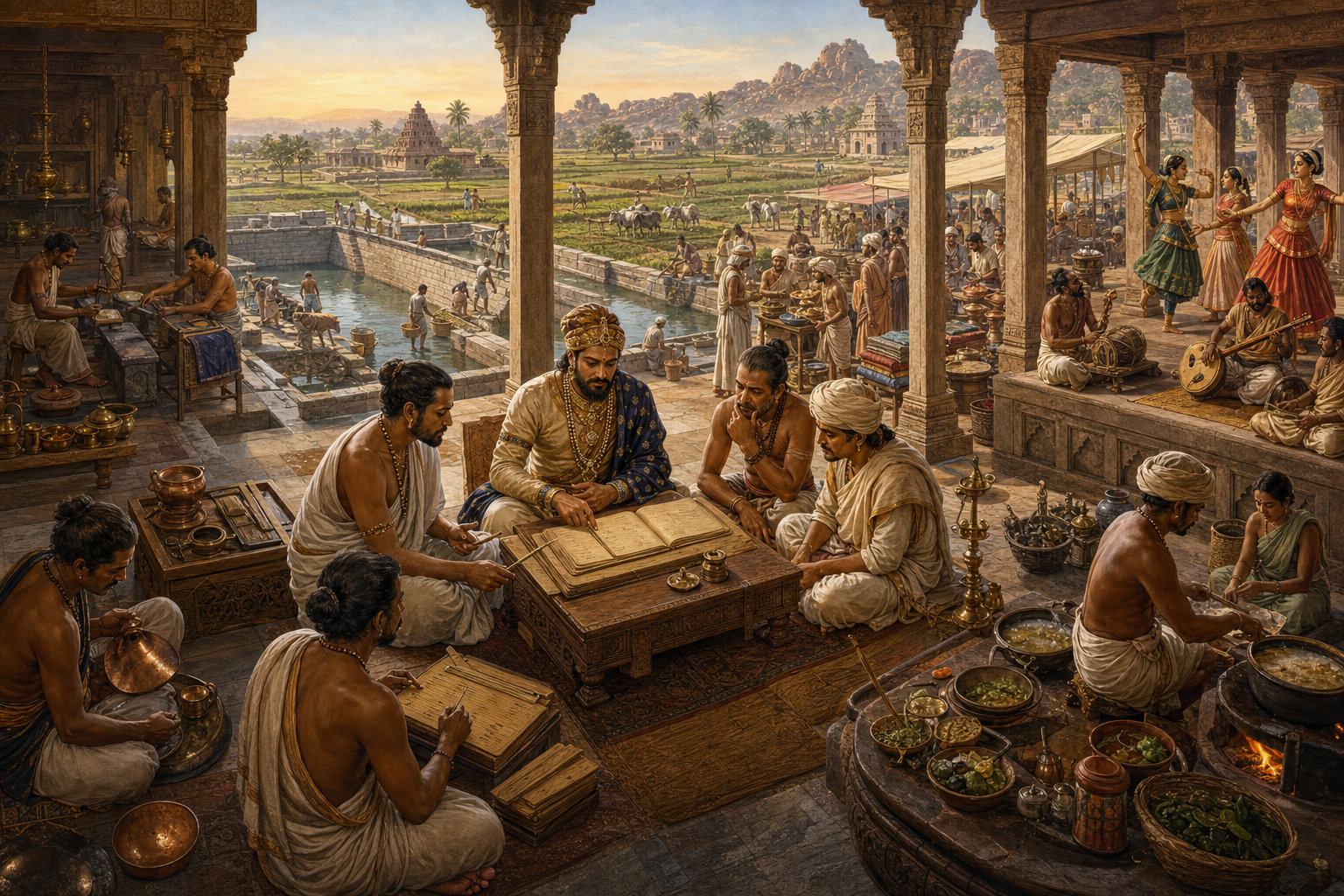 A royal scholar studies a palm-leaf manuscript while waterworks, farming, craft workshops, trade, cooking, music, and dance fill the connected landscape around the court.