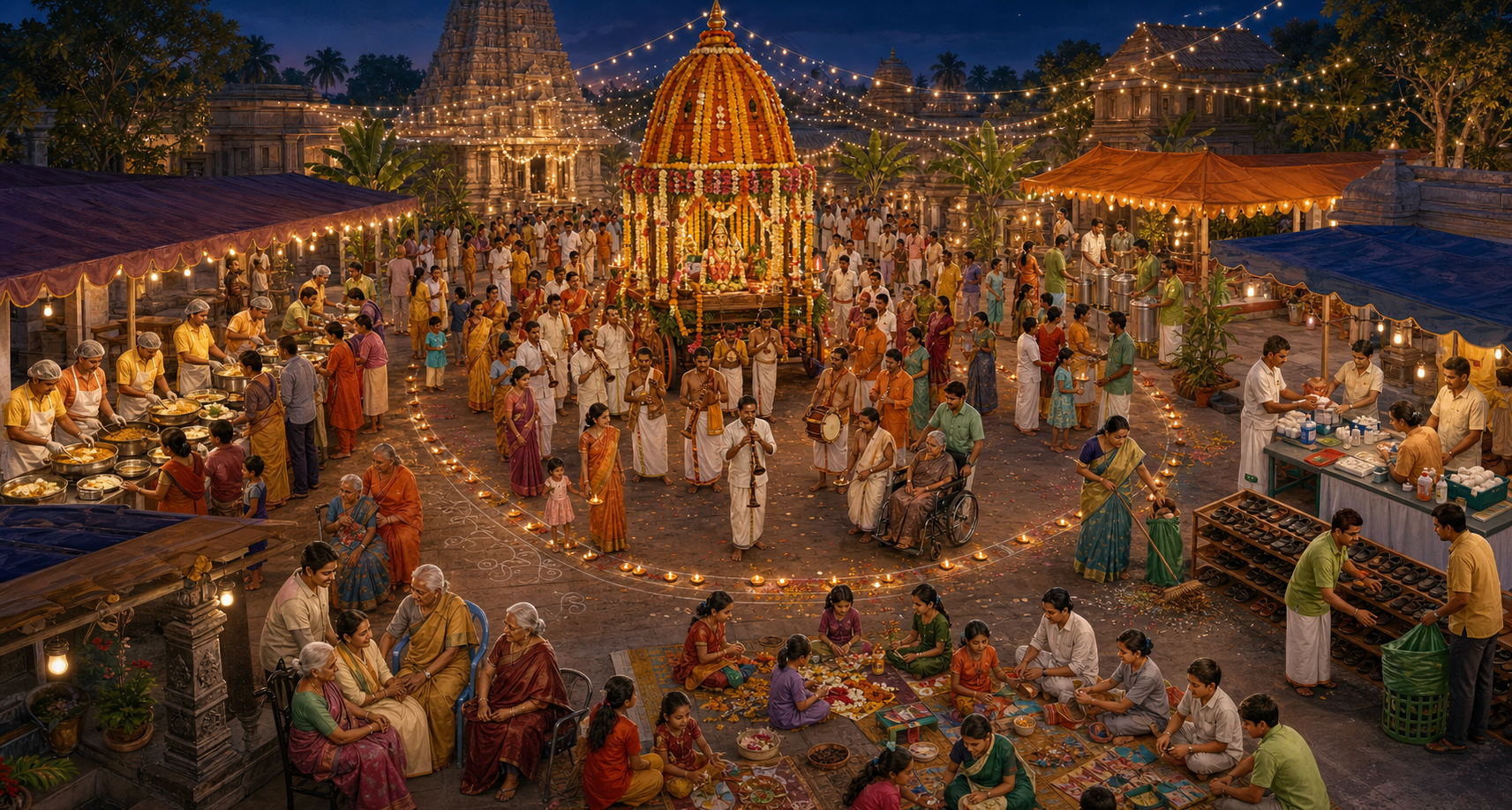 A well-organized Hindu temple festival includes a devotional procession, meal service, elder seating, children's activities, water distribution, and volunteers assisting visitors.