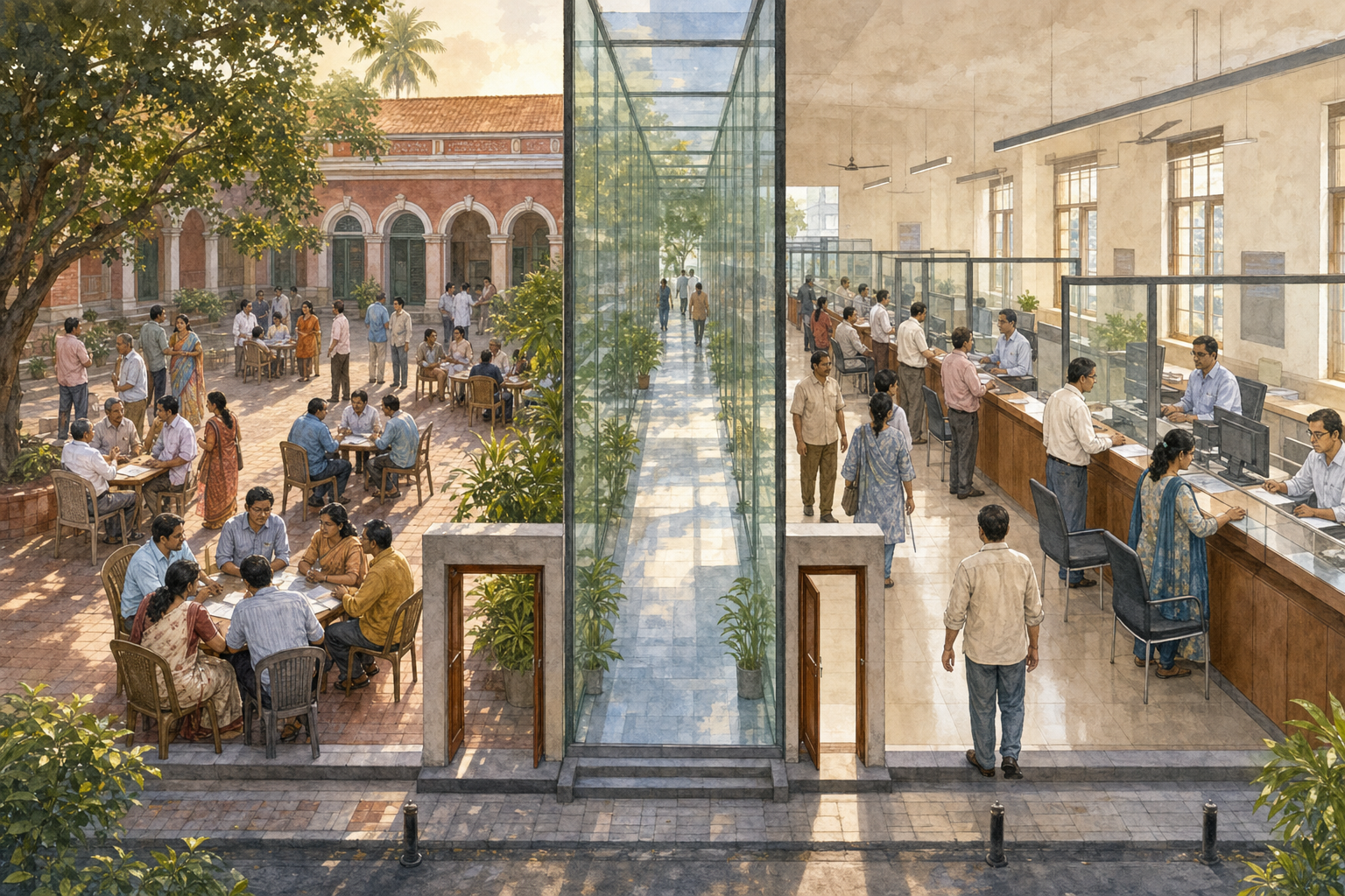 A glass corridor separates a political gathering in a courtyard from civil servants working at public-service counters.