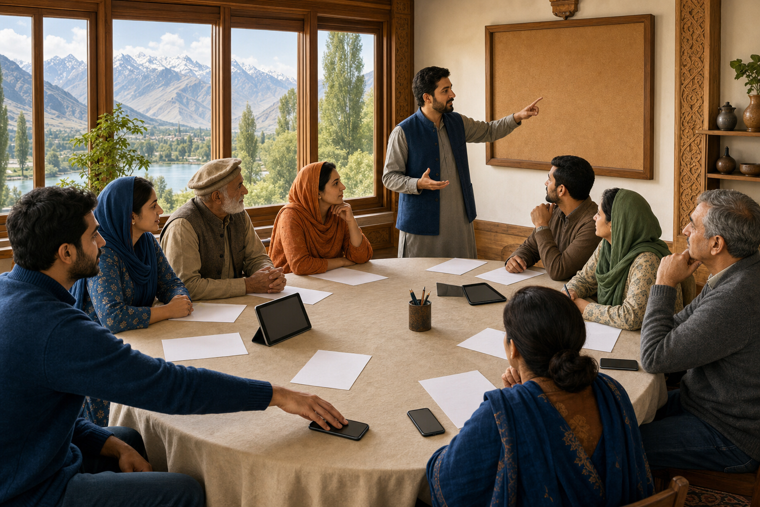 Community members calmly review blank documents and digital devices around a circular table in a mountain-town meeting hall.
