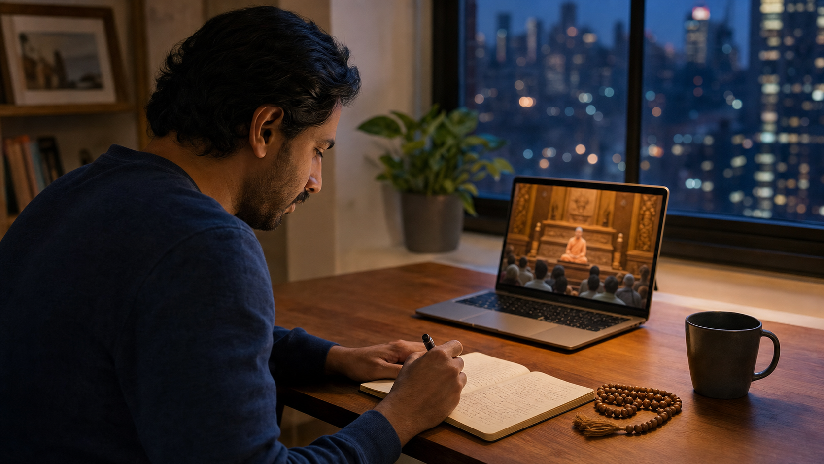A listener takes notes at a desk while watching an indistinct saffron-robed teacher give a devotional lecture on a laptop.